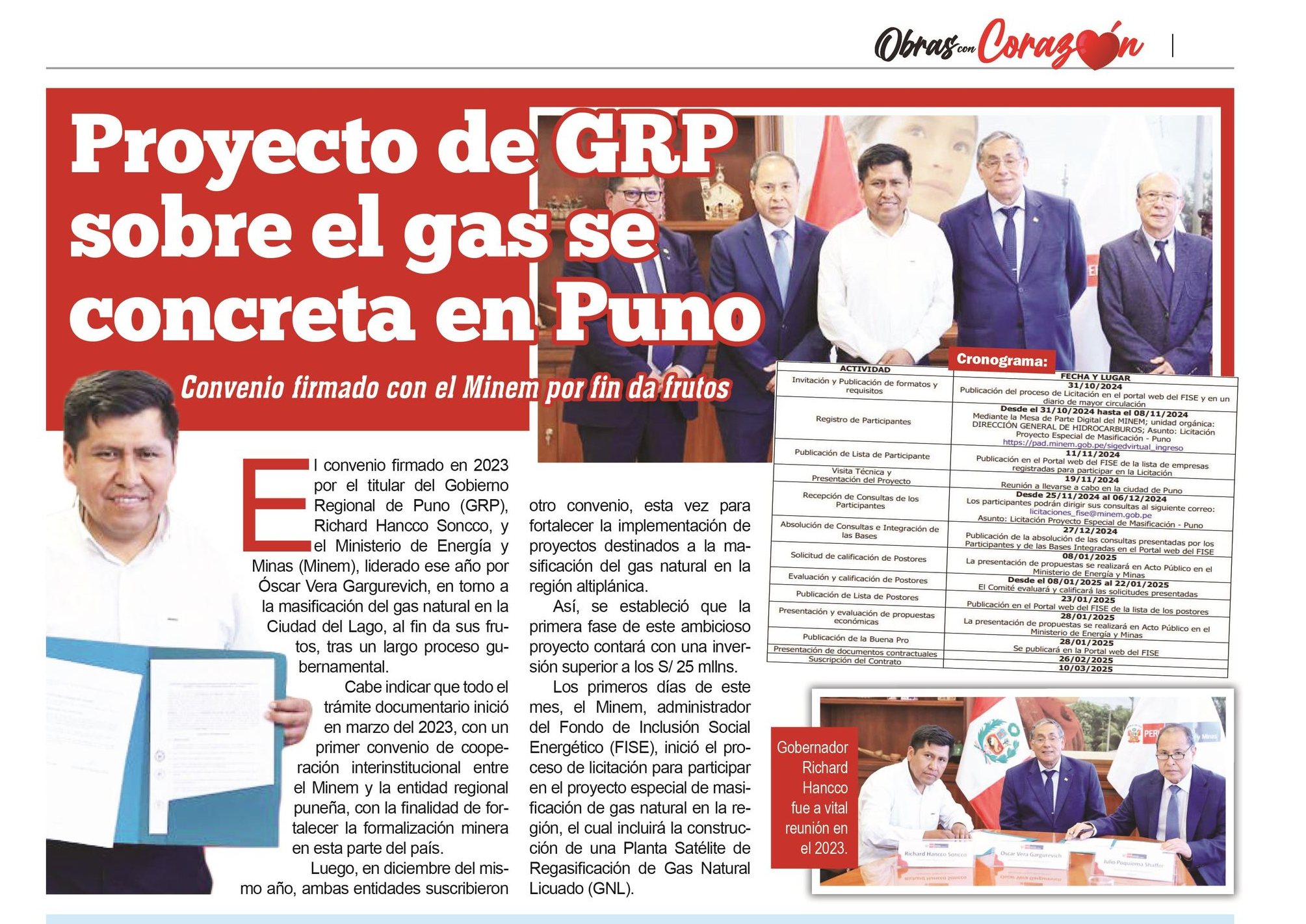 Nota de Prensa  PROYECTO DEL GRP SOBRE EL GAS SE CONCRETA EN PUNO: CONVENIO FIRMADO CON EL MINEM DA FRUTOS